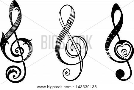 Treble clef in different design ornaments:floral, music notes and heart