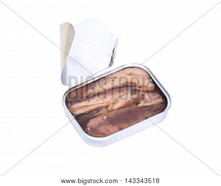 Open metal can with sardines in olive oil