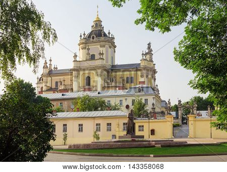 Architectural ensemble of St. George Cathedral built mid 18-th century and monument Metropolitan Andrey Sheptytsky in Lviv Ukraine