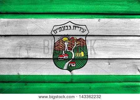 Flag Of Givatayim, Israel, Painted On Old Wood Plank Background