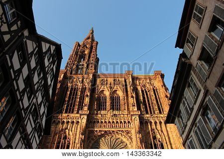 Strasbourg typical houses and gothic cathedral in high angle view