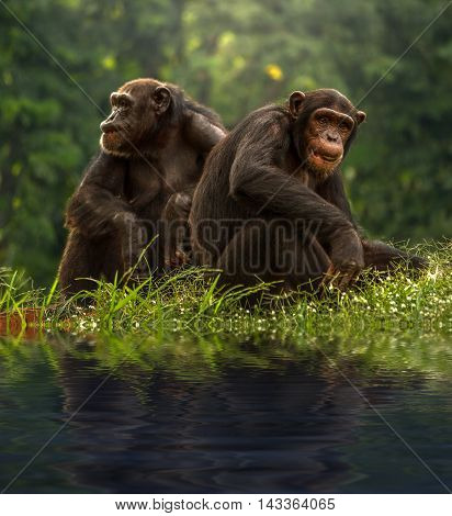 Couple chimpanzee sitting and relax in the nature
