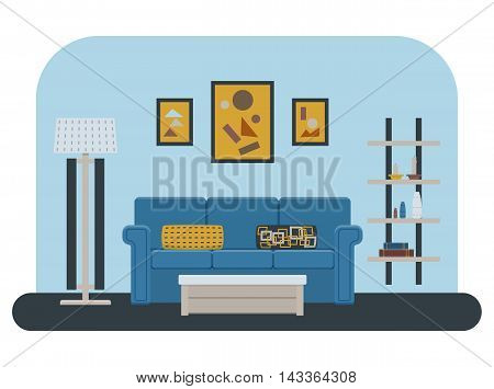 Living room design: sofa, shelf with books and other decor elements, table, floor lamp and pictures. Flat style vector illustration.