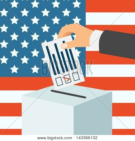 USA election concept. Male hand putting voting paper in a ballot box flat design vector illustration