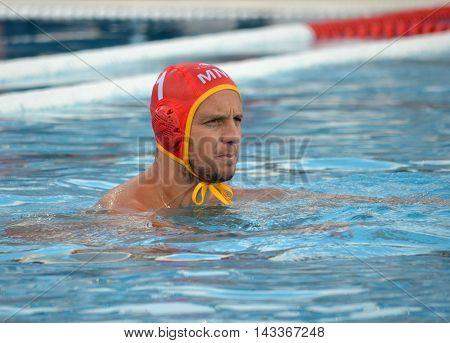 Budapest, Hungary - Jul 17, 2014. Montenegro's RADIC Zdravko (MNE, 1) goalkeeper. The Waterpolo European Championship was held in Alfred Hajos Swimming Centre in 2014.