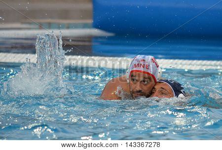 Budapest, Hungary - Jul 17, 2014. Montenegro's JOKIC Predrag (MNE, 12). The Waterpolo European Championship was held in Alfred Hajos Swimming Centre in 2014.