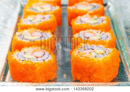 sushi japanese food rice with flying fish roe