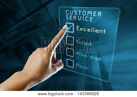 hand clicking online customer service  feedback survey on virtual screen interface