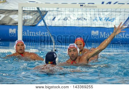 Budapest, Hungary - Jul 17, 2014. Montenegro defending against Romania. The Waterpolo European Championship was held in Alfred Hajos Swimming Centre in 2014.
