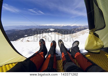 Camping on the top of the mountain in winter.