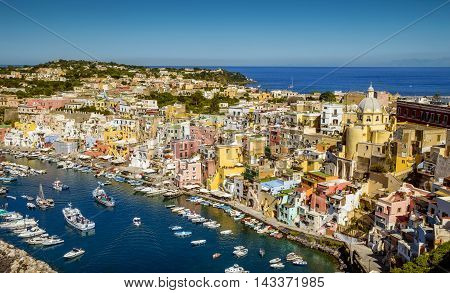 Panorama of Corricella fishermen's village on Procida island Italy