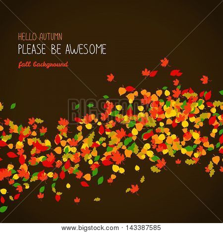 Hello Autumn. Please be Awesome. Poster or banner. Warm earthy colors. Falling leaves. Fall background with copy space. Colorful foliage card. Can be used as postcard or flyer.