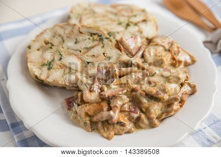 German Bread Dumplings with chanterelle mushroom sauce