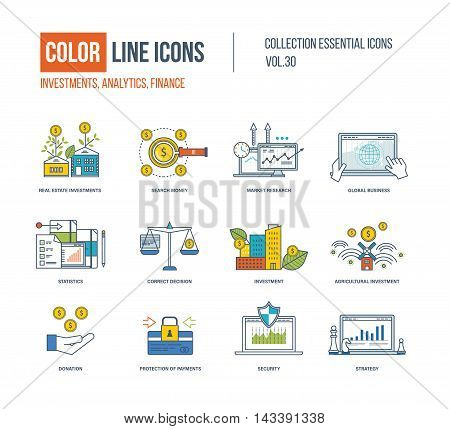 Color Line icons collection. Real estate investment, finance, search money, market research, global business, correct decision, agricultural investment, donation, protection of payment, strategy