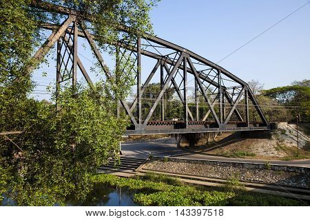 old rail way bridge vintage Metal railway bridge viaduct Bang Saphan Prachuab Thailand.