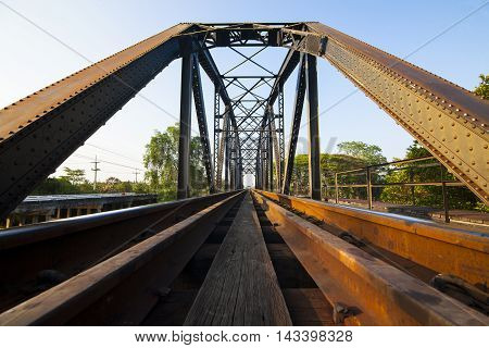 old rail way bridge vintage Metal railway bridge viaduct Bang Saphan Prachuab Thailand.