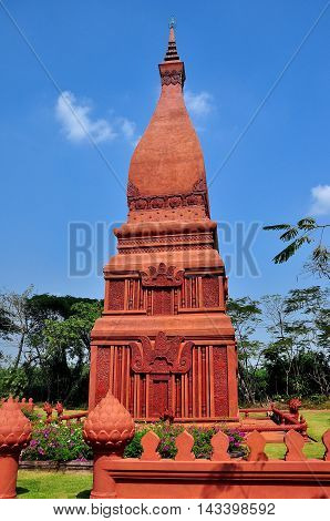 Samut Prakan Thailand - January 15 2013: Replica of Phra That Phanom from Nakhon Phanom at Ancient Siam heritage park 