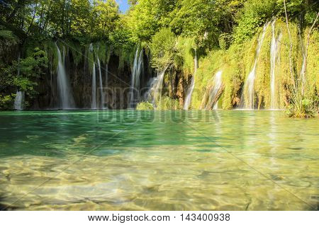landscape of plitvicka lake national park at sunset unesco heritae site plitvice croatia.