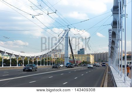 MOSCOW - SEPTEMBER 14 2015: Traffic on Krymsky (Crimean) Bridge.This road links the Crimean Square to the north with Krymsky Val street to the south.