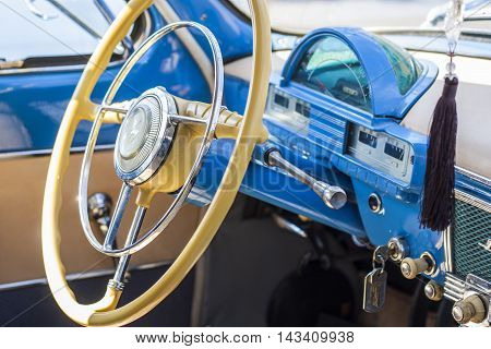 Dashboard And Steering Wheel Of Retro Car On Gaz21 Avtoarena In Cheboksary,