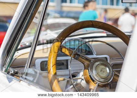 Dashboard And Steering Wheel Of Retro Car On Gaz21 Avtoarena In Cheboksary,