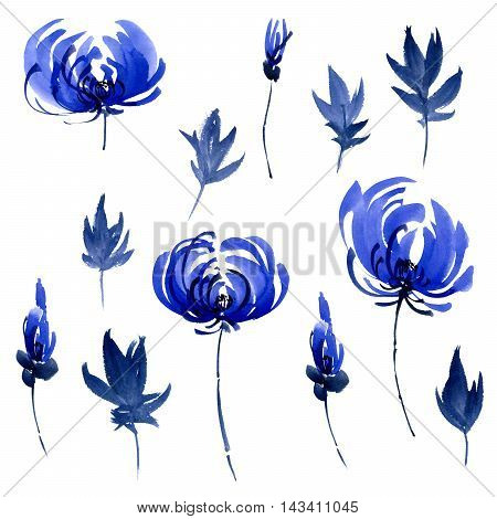 Watercolor and ink illustration of blue flowers buds and leaves. Oriental traditional painting in style sumi-e gohua.