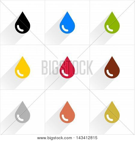 Drop set petroleum water eco oil blood chocolate silver copper gold in simple flat style. Black blue green yellow crimson brown gray colors shapes with shadow on white background
