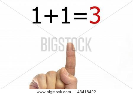 Hand writing 1+1=3 on transparent wipe board.