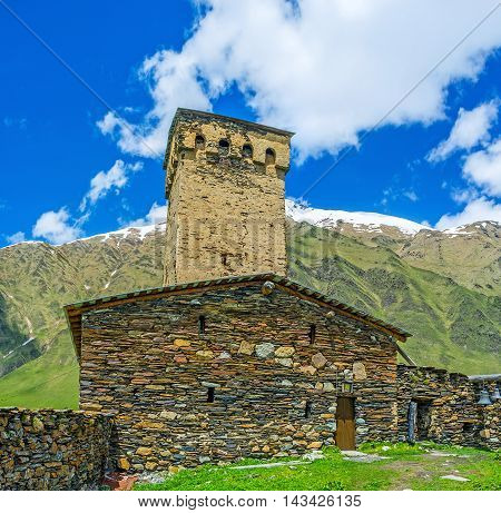 The medieval priest's house located next to the Lamaria Church in Ushguli Upper Svaneti Georgia.