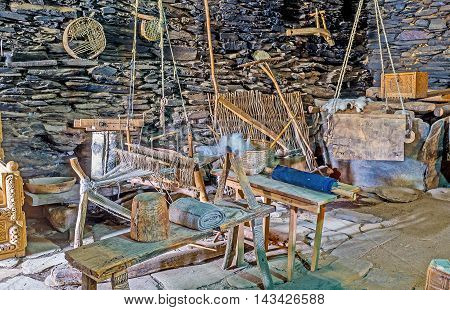 USHGULI GEORGIA - MAY 22 2016: The Ethnographic Museum in the medieval house of Svan family with preserved furniture and other interior details on May 22 in Ushguli.