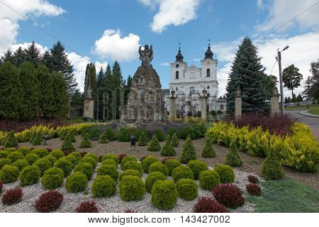 Dukla Poland - July 22 2016: Old statue of Mary in front of the Shrine of St. John of Dukla in Dukla Poland. Bernardine Monastery