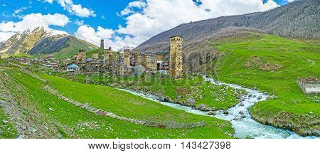 The Chubiani village is washed by two rivers - Enguri and Shavtskala-Kvishara Ushguli Georgia.