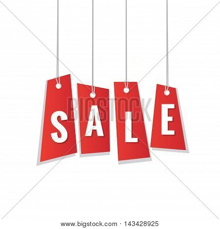 Red Sale Tag Hanging Mobile Heading Design On White Backdround For Banner Or Poster. Sale And Discou