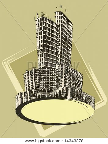 Vektor-Illustration aus einem Text-Banner mit städtischen Gebäuden