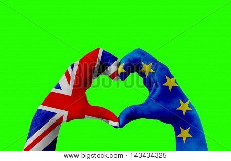 brexit hands of man in heart shape patterned with the flag of blue european union EU and flag of great britain uk on chroma key green screen background vote referendum for united kingdom exit concept