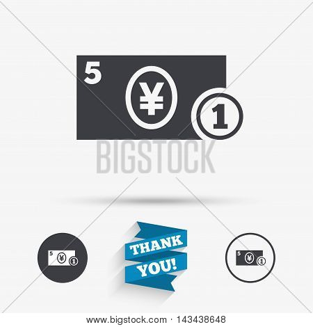 Cash sign icon. Yen Money symbol. JPY Coin and paper money. Flat icons. Buttons with icons. Thank you ribbon. Vector