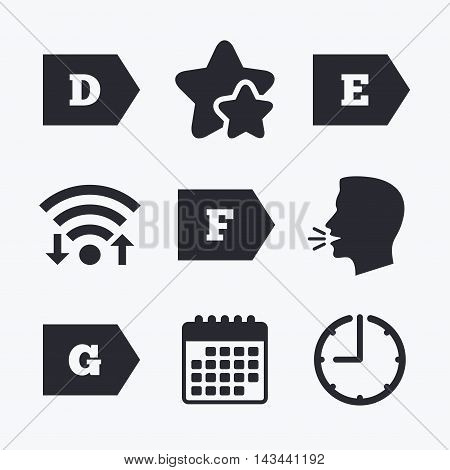 Energy efficiency class icons. Energy consumption sign symbols. Class D, E, F and G. Wifi internet, favorite stars, calendar and clock. Talking head. Vector