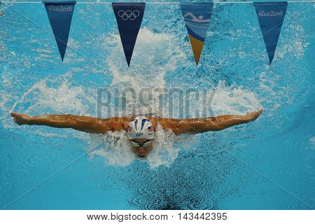 RIO DE JANEIRO, BRAZIL - AUGUST 10, 2016:Olympic champion Michael Phelps of United States competes at the Men's 200m individual medley of the Rio 2016 Olympic Games at the Olympic Aquatics Stadium