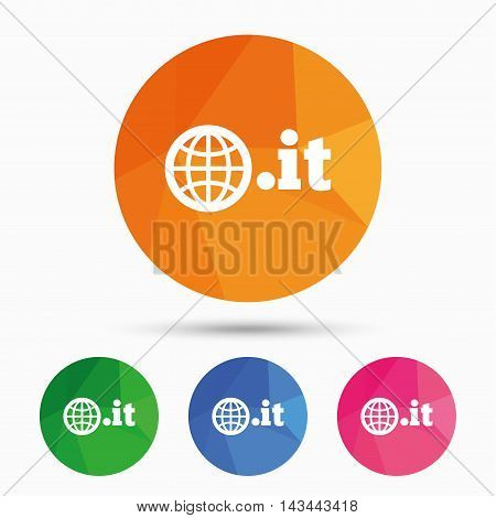 Domain IT sign icon. Top-level internet domain symbol with globe. Triangular low poly button with flat icon. Vector