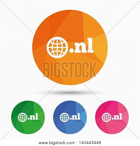 Domain NL sign icon. Top-level internet domain symbol with globe. Triangular low poly button with flat icon. Vector