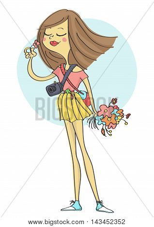 Cute, stylish fashion girl with camera and flowers, smiling. vector