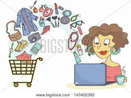 Woman shopping online with laptop. Online buying devices, clothes, make up and fashion accessories.