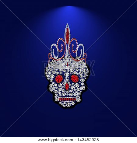 Skull of precious stones on a blue background. With tiara of brilliantov.Vektor illustration.
