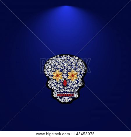 Skull of precious stones on a blue background. With tiara of brilliantov.Vektor illustration.