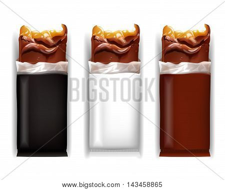 Vector Blank Food Packaging For Biscuit Wafer Crackers Sweets Chocolate Bar Candy Bar Snacks . Design Template. Isolated On White Background.