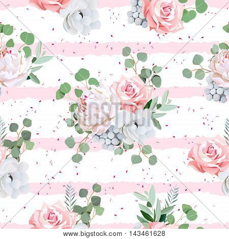 Cute bouquets of rose peony anemone brunia flowers and eucaliptis leaves. Seamless vector print with speckled and pink striped backdrop.