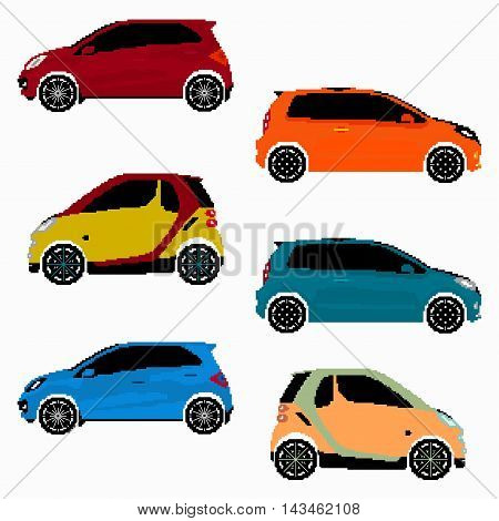 collection of colored cars vector pixel art