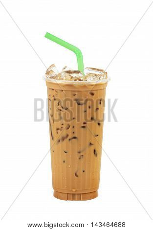 Iced coffee with straw in plastic cup isolated on white background / coffee sweet