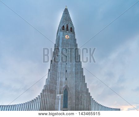 Hallgrimskirkja Church at sunset in Reykjavik Iceland