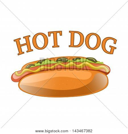 Hot Dog Cartoon Illustration. Classic american fast food - sausage with mustard in a bun. Hotdog sandwich. Vector isolated icon of hot-dog for poster menus brochure web and mobile application.